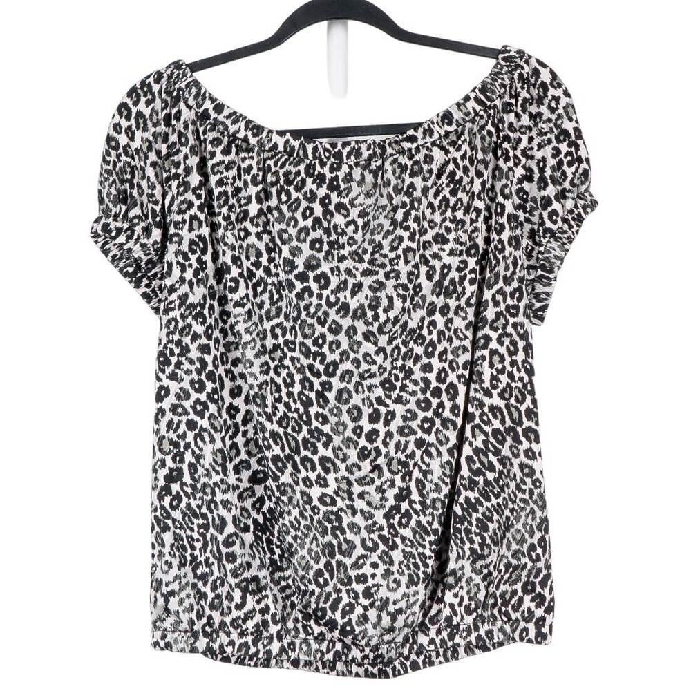 Allen B Leopard Print Peasant Blouse M Womens Black White Short Sleeve Snow - Picture 5 of 5
